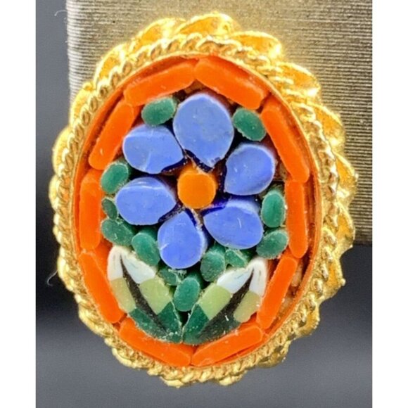 Micro Mosaic Earrings Flower Oval Gold Tone Clip On Stud Post 1.5" Italy - Picture 2 of 6